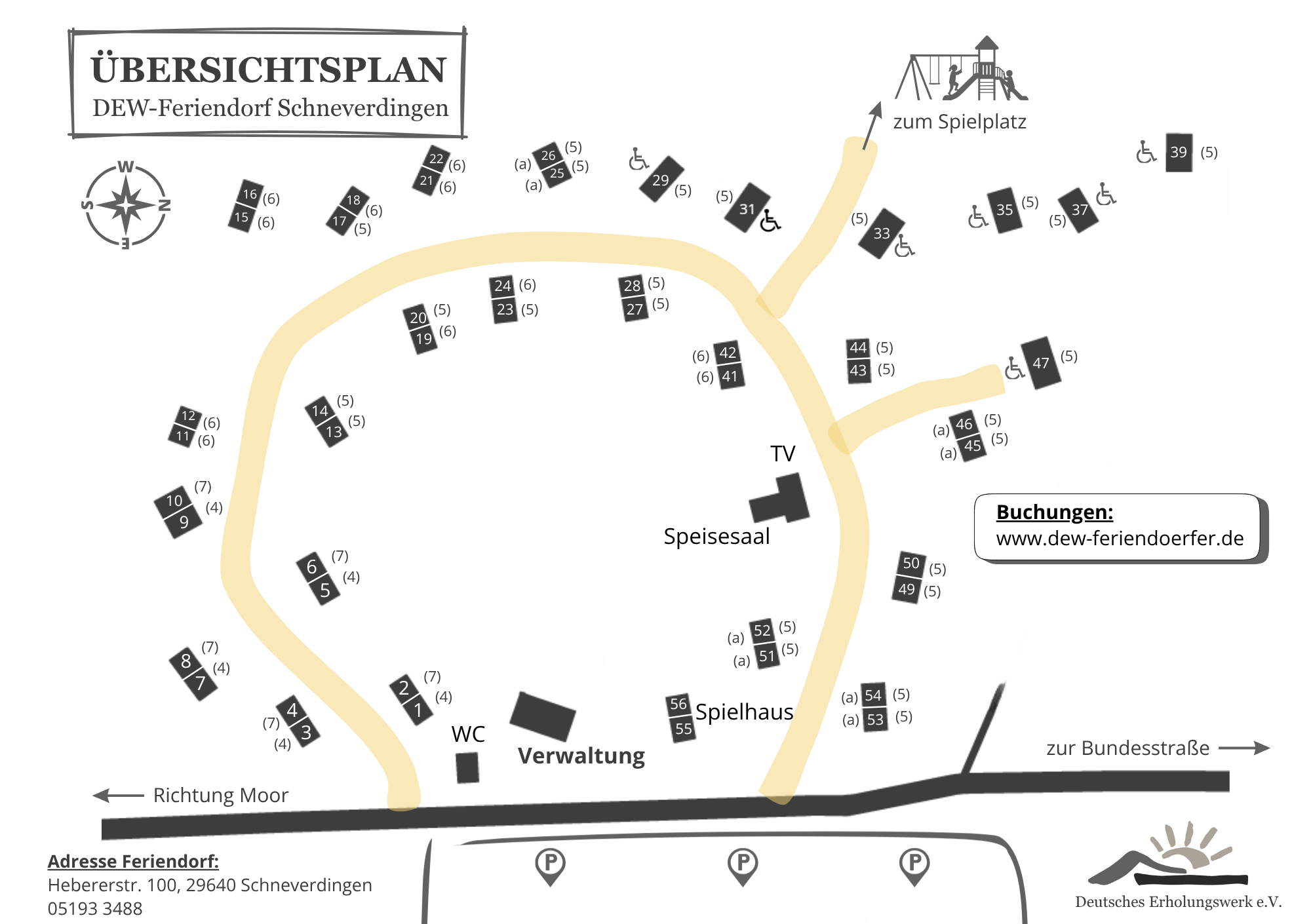 gesamter Lageplan aller Häuser mit Nummern im DEW-Feriendorf Schneverdingen
